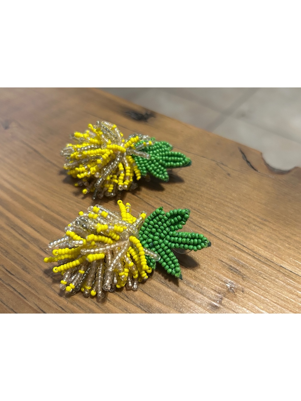 Handmade Yellow and Green Beaded Floral Stud Earrings